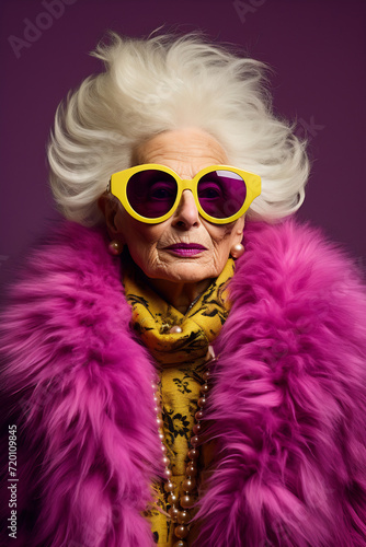 Stylish Senior Lady in Purple Fur and Floral Dress