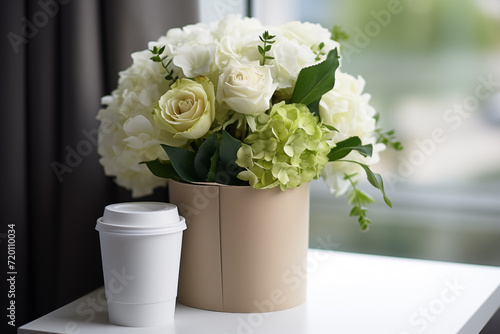 Delivery of flowers and coffee. International Women's Day, Mother's Day