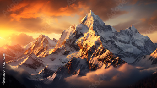 A breathtaking sunrise over towering mountain peaks, casting long shadows and revealing the serene majesty of nature when viewed from the lofty heights of the skies.