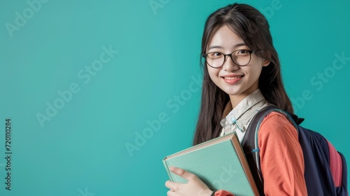 day in high school. asian school girl with notebook and backpack. back to school. teen asian girl ready to study. Banner of school girl student. Schoolgirl pupil portrait with copy space.
