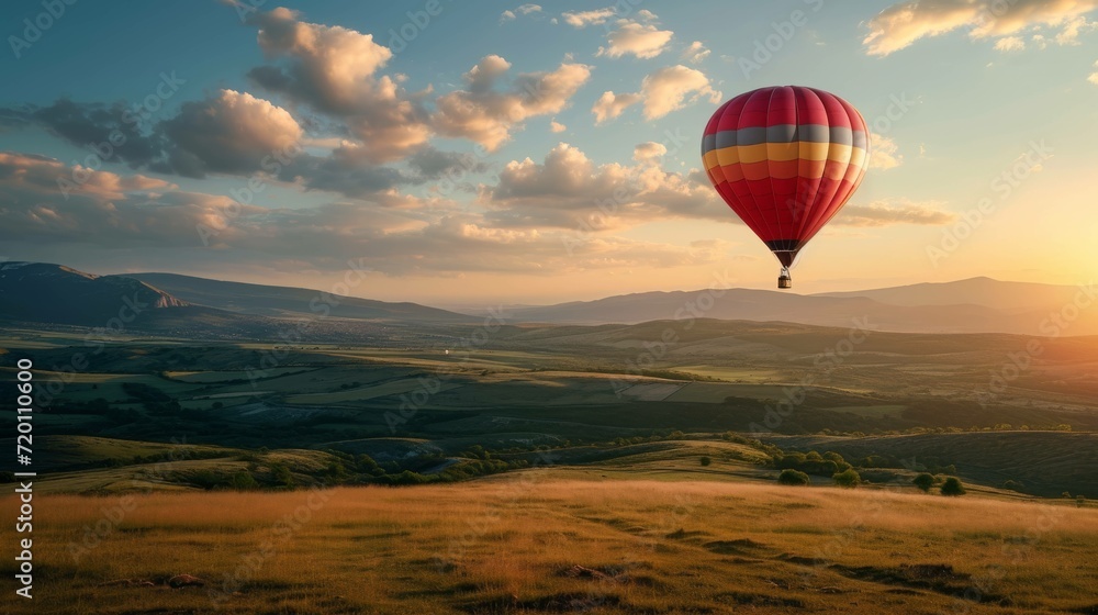 Colorful hot air balloons flying over mountain