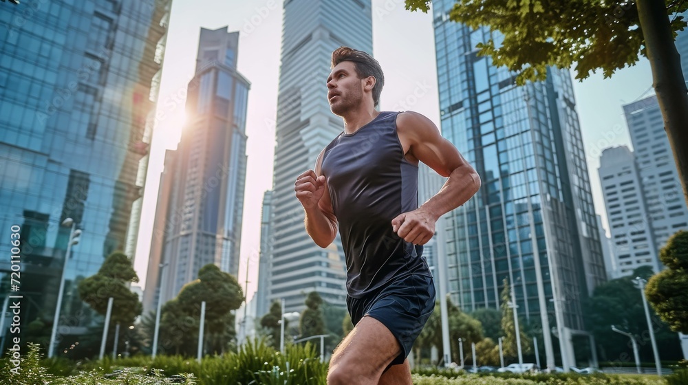 Young man jogging at park in the middle of city