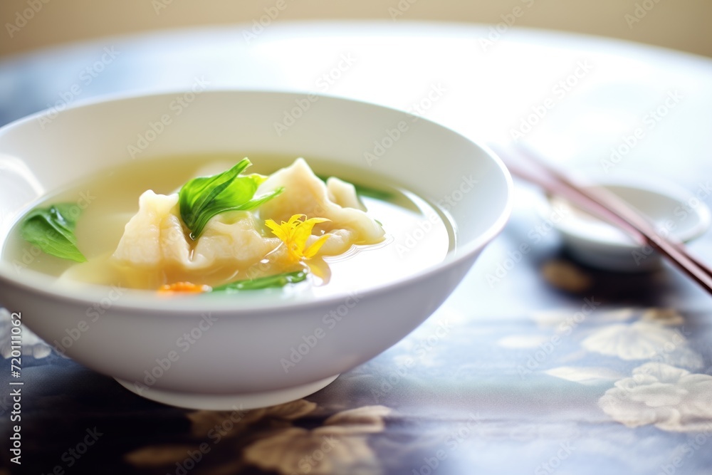 wonton soup with bok choy in a clear broth