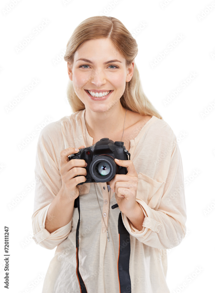 Portrait, photographer and happy woman with camera in studio isolated on a white background. Face smile, paparazzi and dslr technology for hobby, taking pictures and creative professional photoshoot Portrait, photographer and happy woman with camera in studio isolated on a white background. Face smile, paparazzi and dslr technology for hobby, taking pictures and creative professional photoshoot