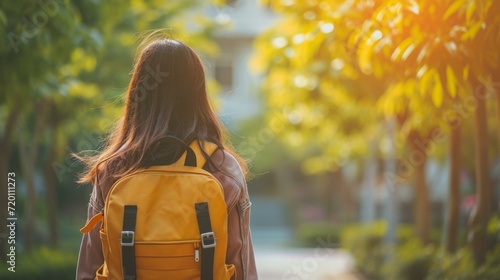 day in high school. schoolgirl with backpack from back. back to school. teen girl ready to study. Banner of school girl student. Schoolgirl pupil portrait with copy space photo