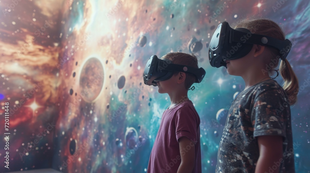 Two kids having fun play VR virtual reality glasses sport game metaverse 3D cyber space futuristic neon colorful background, future digital technology game and entertainment Two kids having fun play VR virtual reality glasses sport game metaverse 3D cyber space futuristic neon colorful background, future digital technology game and entertainment