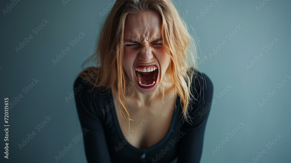 The young emotional angry woman screaming - obrazy, fototapety, plakaty 