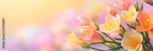 Freesia flowers banner with copy space. Spring flowers banner, background