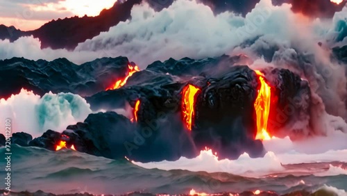 A panoramic vista capturing the Kilauea Volcano overlooking the Pacific Ocean on Big Island, Hawaii, in the United States. cinemagraph where molten lava plunges into the sea. photo