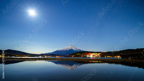 Mt.Fuji with Lake Yamanaka reflection at night, Yamanashi, Japan