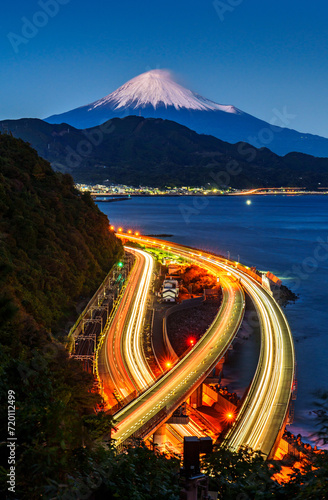Aerial view of Mountain fuji with long exposure car light trails at the Satta Pass viewpoint, Shizuoka, japan