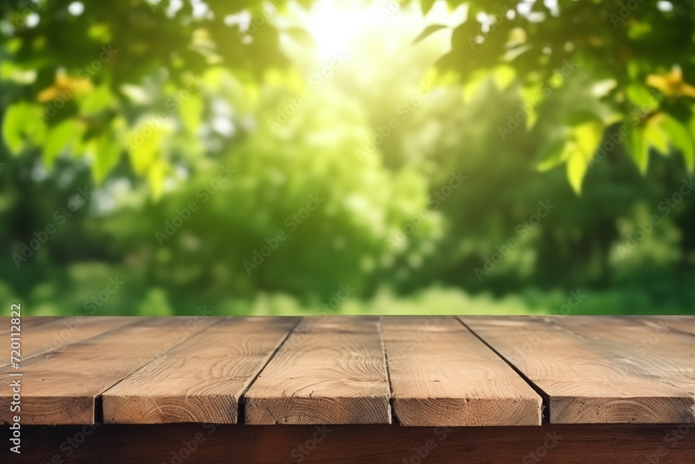 Wooden table and blurred green nature garden background. Old empty wooden table - green spring background Wooden table and blurred green nature garden background. Old empty wooden table - green spring background