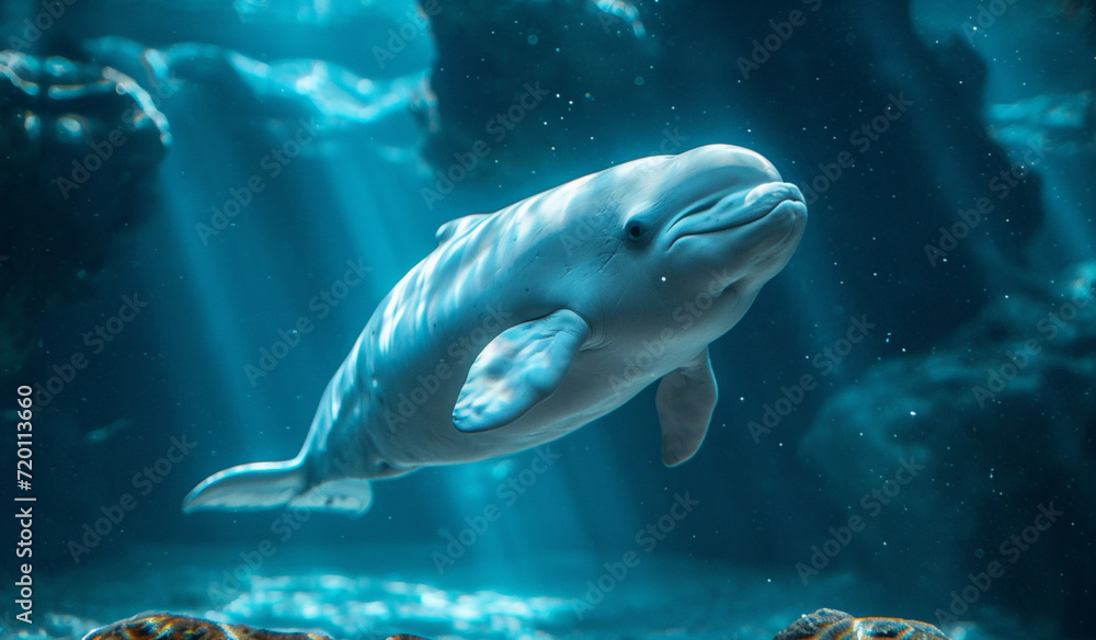 Fototapeta premium A beluga whale swimming in a large aquarium. Generative AI