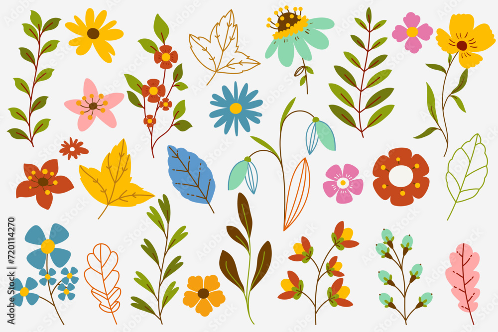 Collection of hand drawn modern flowers on white background.