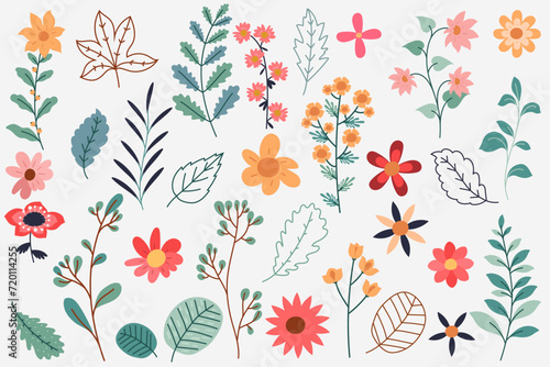Collection of hand drawn modern flowers on white background.