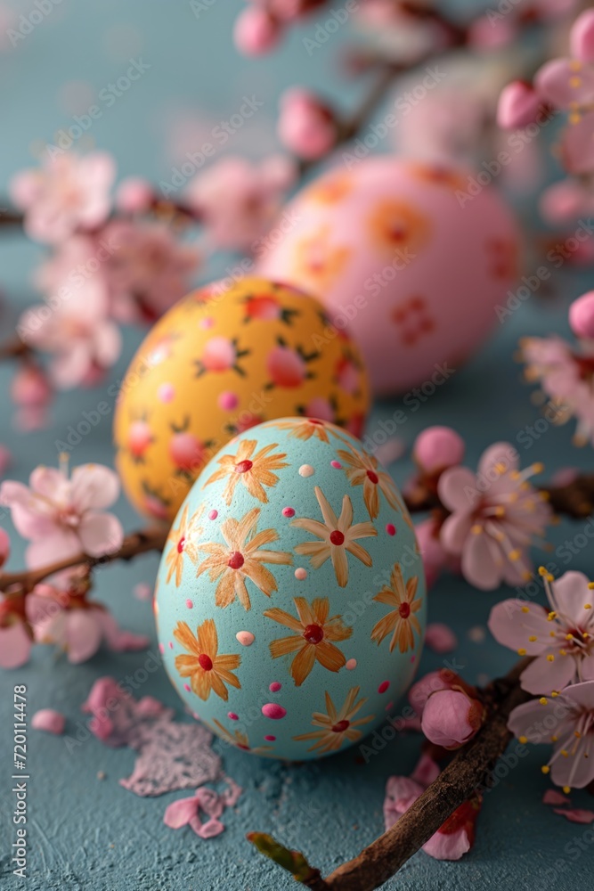 Close up of easter eggs with flower print surrounded by spring pink blossom on blue background Close up of easter eggs with flower print surrounded by spring pink blossom on blue background
