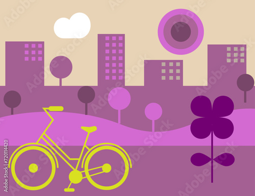 City illustration with bicycle and tree and flower.