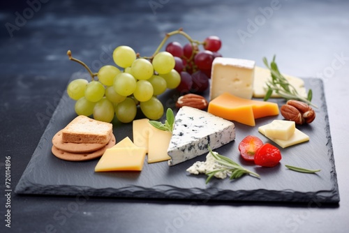 cheese assortment on slate with grapes cluster