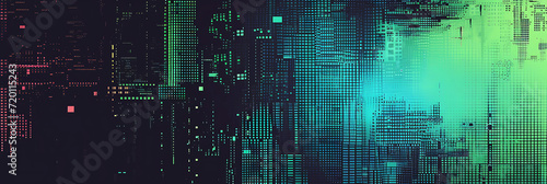 A glitchy digital matrix gradient in cyberpunk green, black, and electric blue with a grainy texture for a tech-savvy and edgy poster.