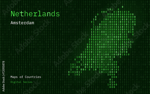 Netherlands Map Shown in Binary Code Pattern. TSMC. Blue Matrix numbers, zero, one. World Countries Vector Maps. Digital Series