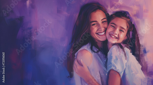 Mother and daughter painted illustration against a purple background. International women's day banner. Mother's Day art. photo