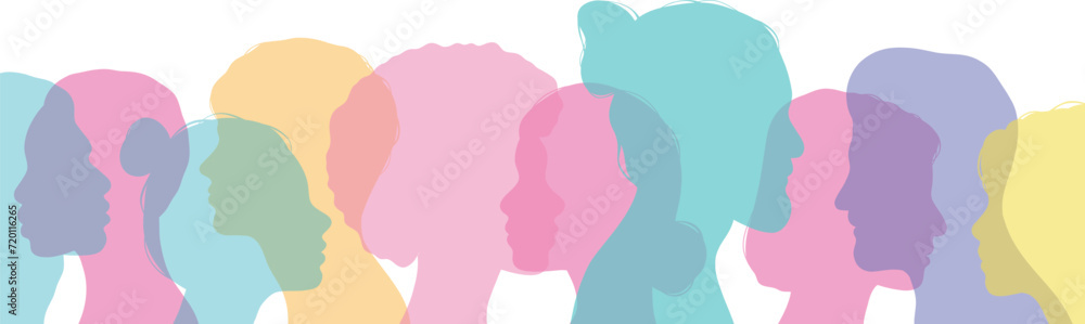 Profile silhouette of a diverse group pf people, human vector illustration, colorful banner design