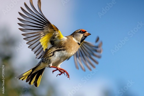 Striking image of a Goldcrest Goldfinch in mid-flight wings outstretched against a backdrop of a clear blue sky showcasing its radiant feathers