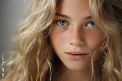 Portrait of pretty teenage girl with green eyes and blond long hair