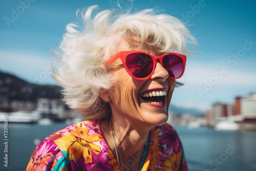 Joyful Senior Woman with Sunglasses by the Harbor © Canvas Alchemy