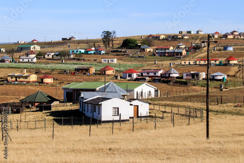 View of mountains of the interior of South Africa and Xhosa village