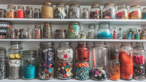 photograph of seven shelves full of glass jars and jars of different sizes filled with threads, buttons, marbles, stones, sand and other objects. 