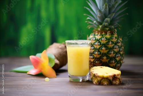 glass of pineapple juice surrounded by pineapple skin and leaves