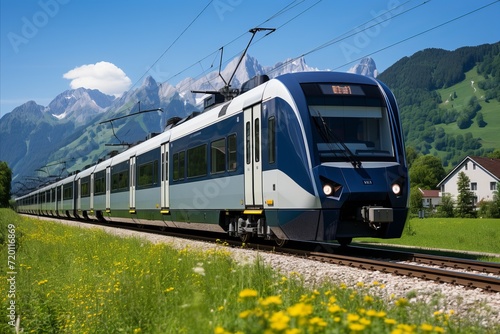 high-tech high-speed train on railway tracks against the background of mountains