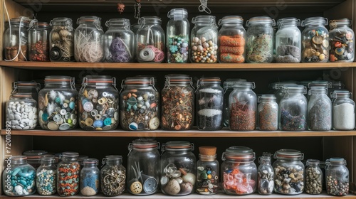 photograph of seven shelves full of glass jars and jars of different sizes filled with threads, buttons, marbles, stones, sand and other objects. 