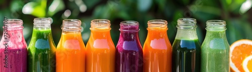 Colorful array of organic smoothies and fresh juices, vibrant fruits and vegetables visible, in glass bottles on a sunny countertop