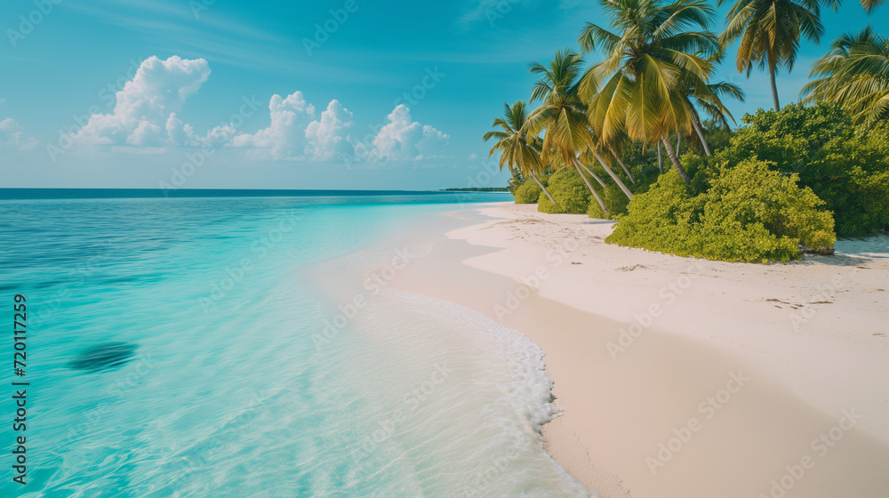 Capturing the serene beauty of a pristine beach accentuates the vibrant turquoise and emerald hues of the water against the white sand, evoking a sense of tranquility and serenity. Ocean beach island.