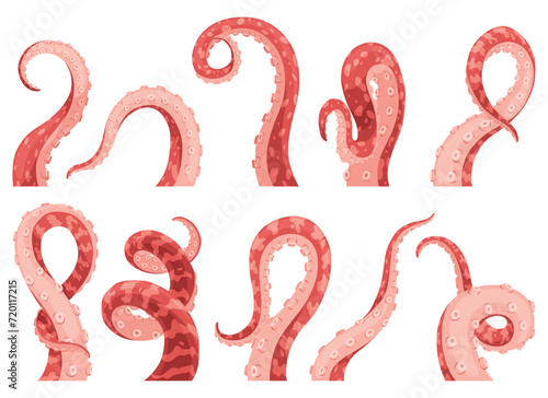Octopus tentacles or sea squid icon set. Spooky marine monster arm on white background. Vector cartoon underwater animal