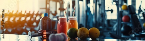 High-energy workout scene with a selection of pre-workout smoothies and natural energy drinks, gym background