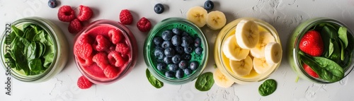 Overhead shot of a colorful array of smoothie ingredients, including berries, bananas, spinach, and almond milk, pre-blending