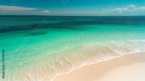 Capturing the serene beauty of a pristine beach accentuates the vibrant turquoise and emerald hues of the water against the white sand, evoking a sense of tranquility and serenity. Ocean beach island.