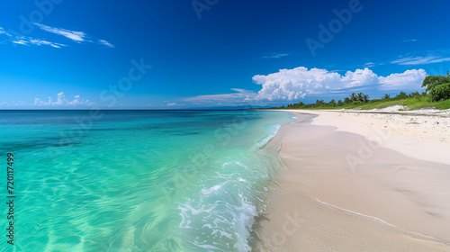 Capturing the serene beauty of a pristine beach accentuates the vibrant turquoise and emerald hues of the water against the white sand, evoking a sense of tranquility and serenity. Ocean beach island.