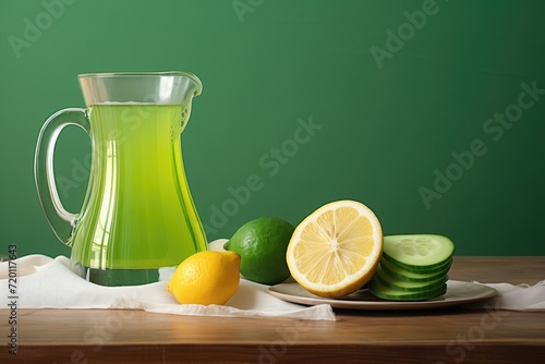 a sliced lime beside a green juice-filled pitcher