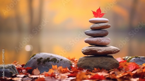 Stack of zen stones with autumn leaves in the background