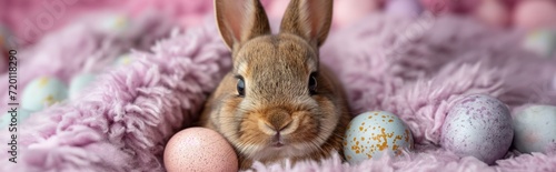 Header with brown Easter bunny with colorful easter eggs sitting on a purple blanket