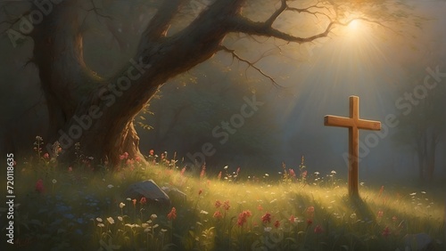 Good Friday concept: cross with sunset in the forest background photo