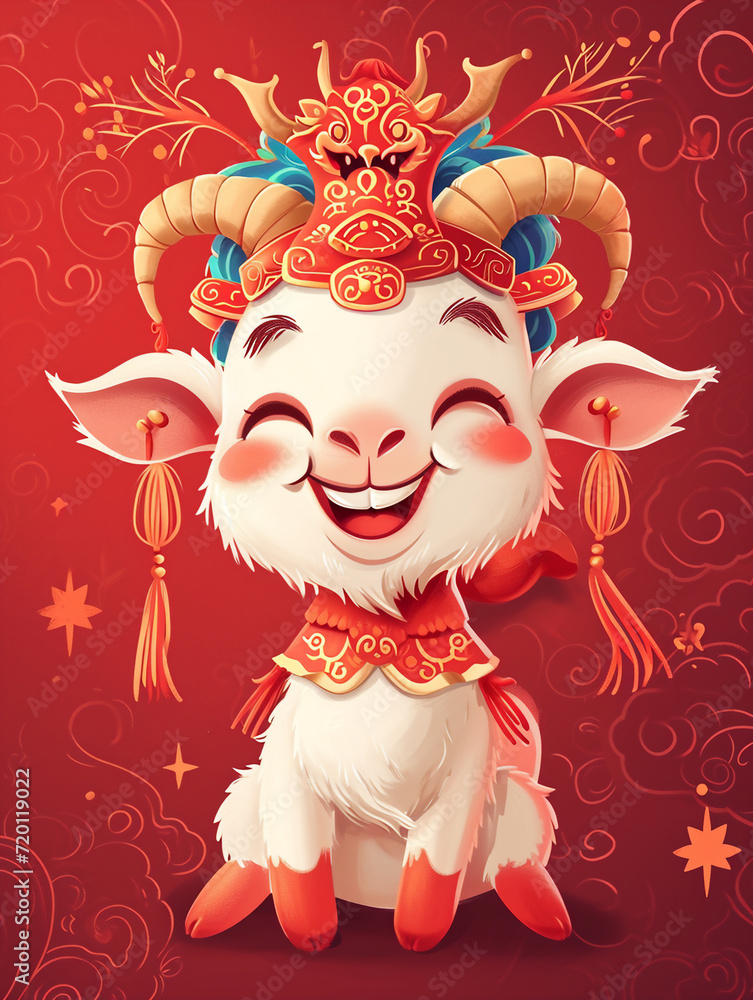 A Goat wearing a dragon hat, smile happily, and welcome the Chinese New Year festival , chinese new year A Goat wearing a dragon hat, smile happily, and welcome the Chinese New Year festival , chinese new year