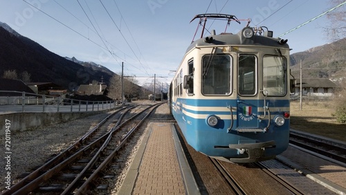 Europe, Italy 01-26-2024 - Domodossola, Locarno Swiss Railway line train station - old historic train in Vigezzina Centovalli experience 