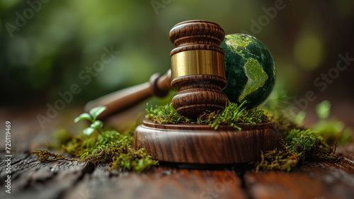 Gavel and green eco Earth globe, international law and green energy concept, sustainable environment future global values, generative ai