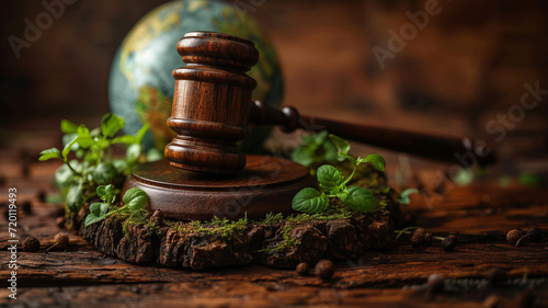 Gavel and green eco Earth globe, international law and green energy concept, sustainable environment future global values, generative ai