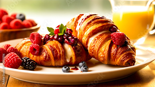 croissant with jam and berry photo